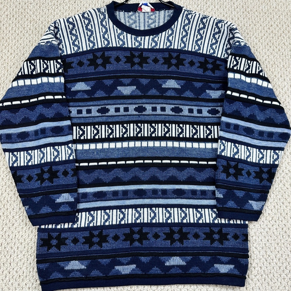 Vtg JJ Poole Sweater Mens M Blue Black Textured Knit Geometric 3D USA Made